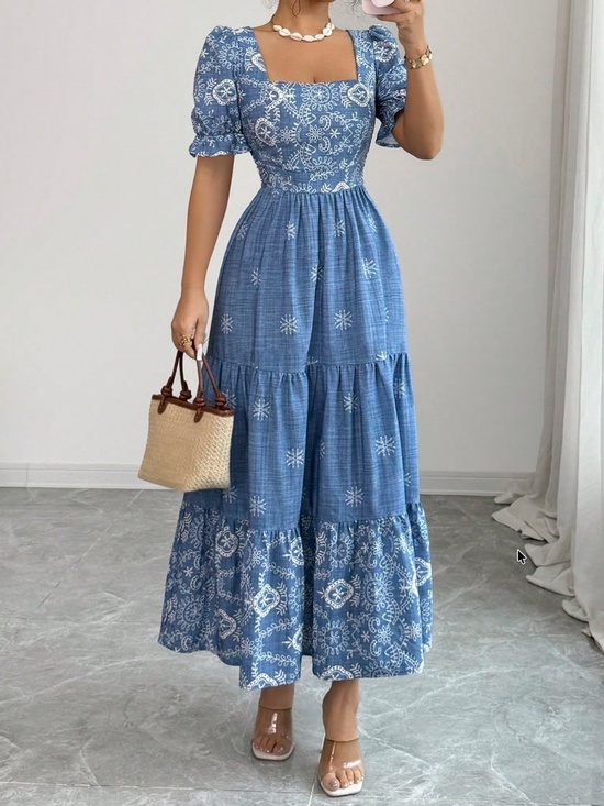 Dresses & Skirts - Boho All over print Sauare neck Puff Sleeve Ruffle Hem dress